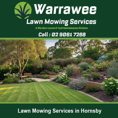 Professional lawn mowing with landscaped garden borders and mulched beds in Hornsby Sydney