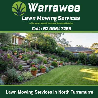 Well maintained lawn and tiered garden landscaping at home in North Turramurra New South Wales