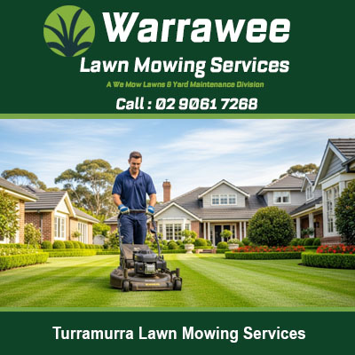 Expert lawn care specialist cutting grass at beautiful home in Turramurra Sydney