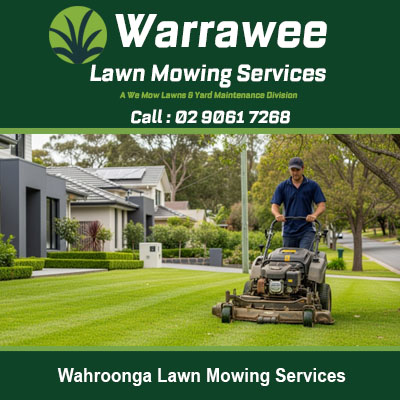 Local lawn maintenance professional mowing grass at home in Wahroonga Upper North Shore